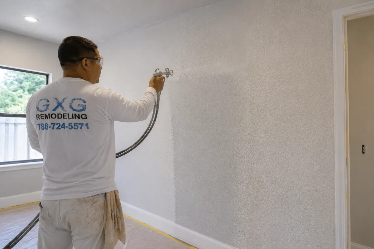 GXG Remodeling crew spraying drywall texture in Homestead, FL