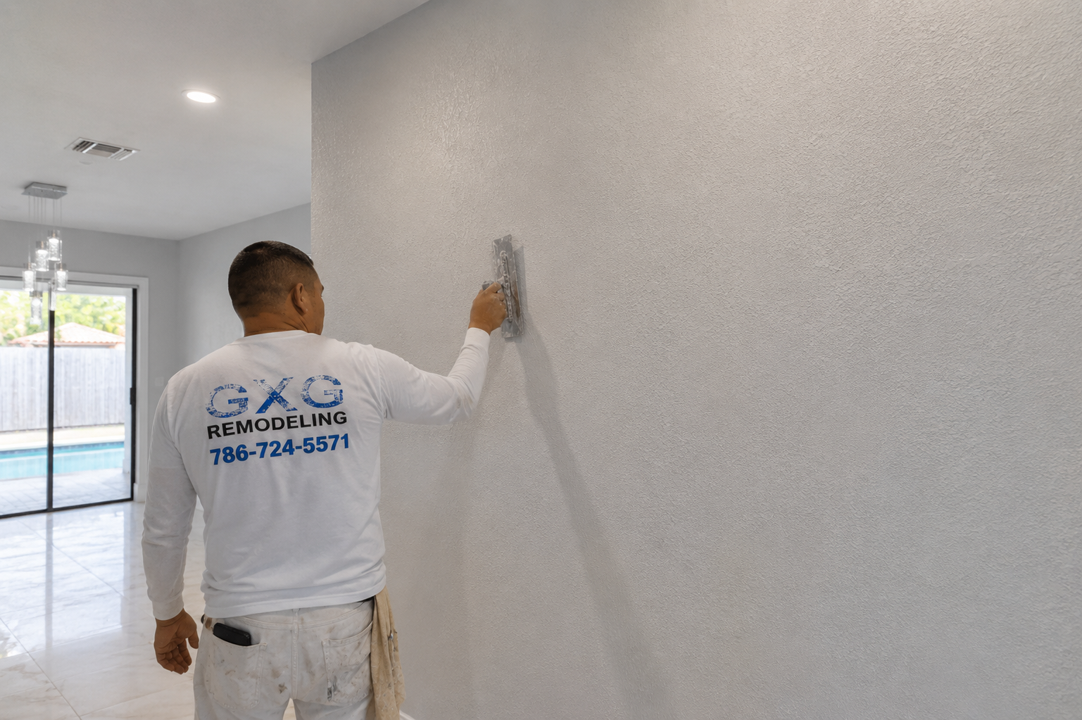 Freshly textured drywall with smooth knockdown finish in a modern Homestead, Florida living room featuring clean walls, natural lighting, and professional craftsmanship.