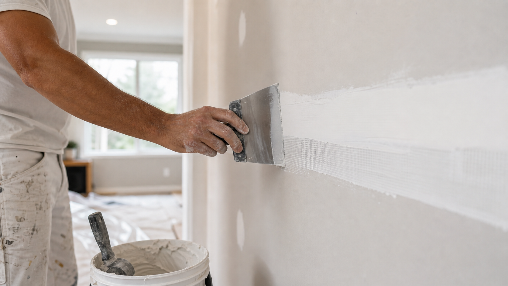 Worker applying joint compound to drywall seam
